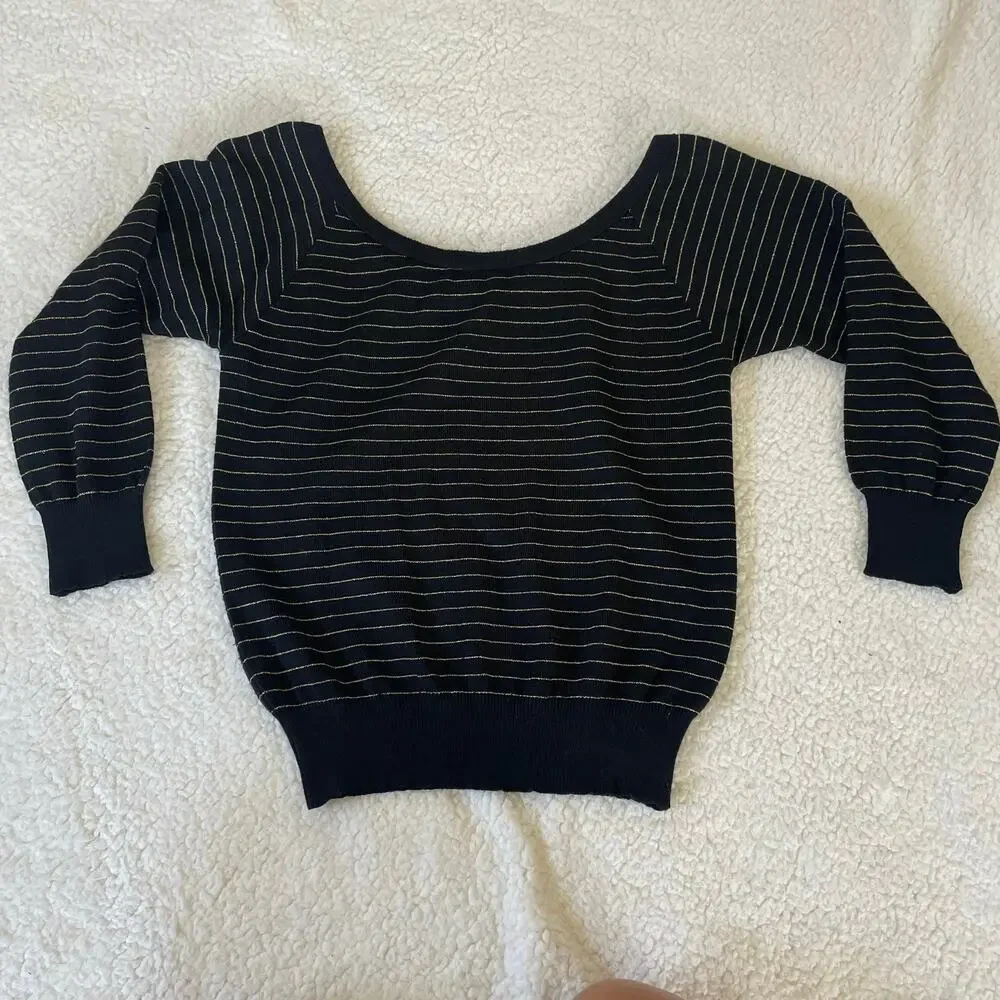 Vintage Jungle Paris Black Gold Metallic Stripe Boat Neck Sweater Size Small